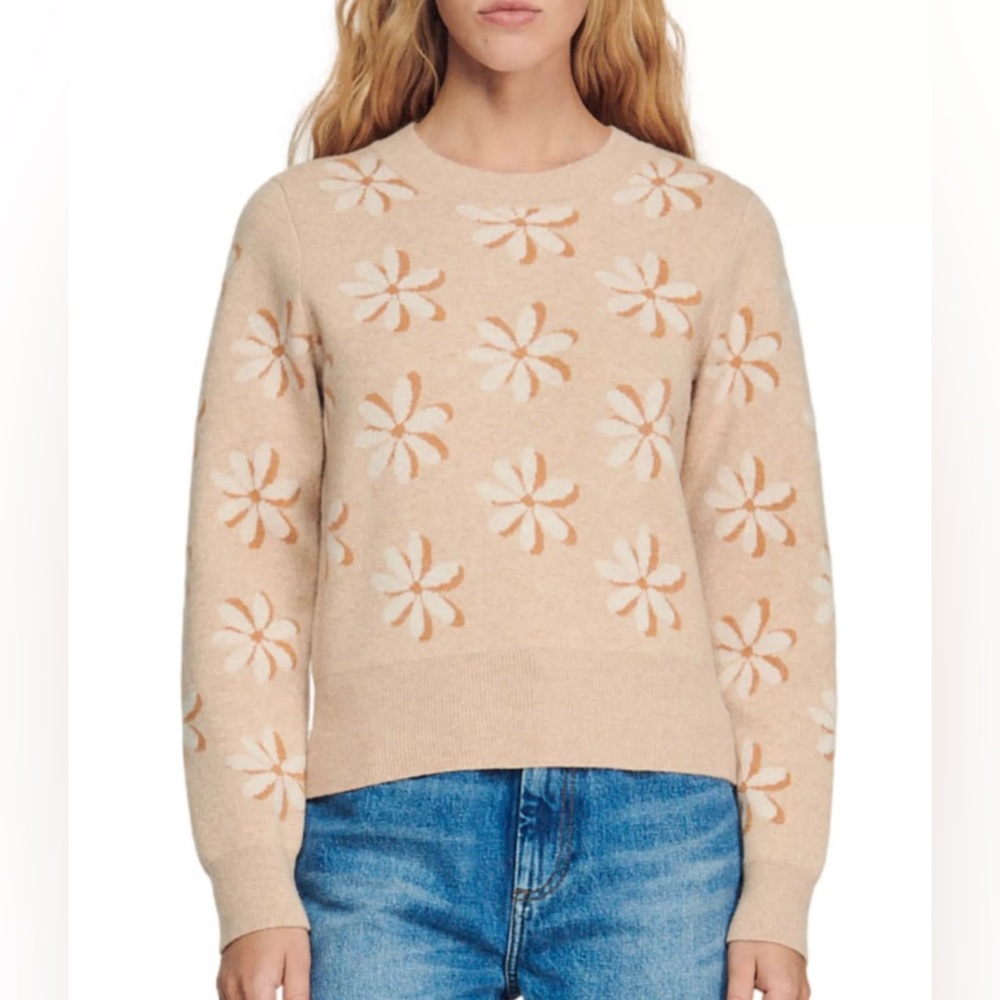 Sandro Paris Anguila Floral Jacquard Beige Sweater Sz 1 Small $340 NEW
